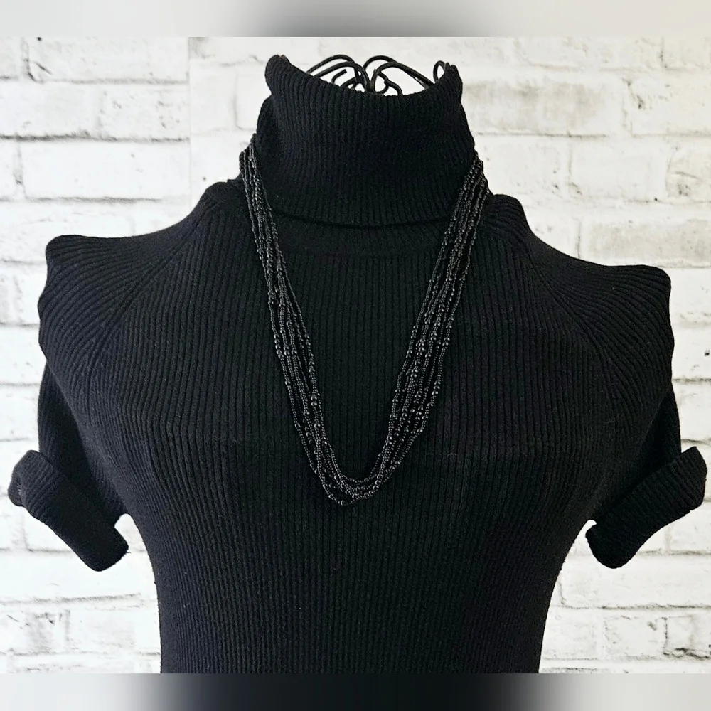 Vintage Style Multi-Strand Black Glass Seed Bead Necklace Gold Tone Ends - Picture 3 of 5